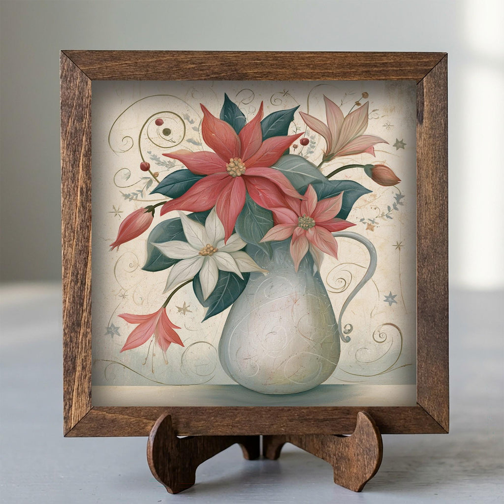 Framed Poinsettia Art Print | Vintage Christmas Farmhouse Decor