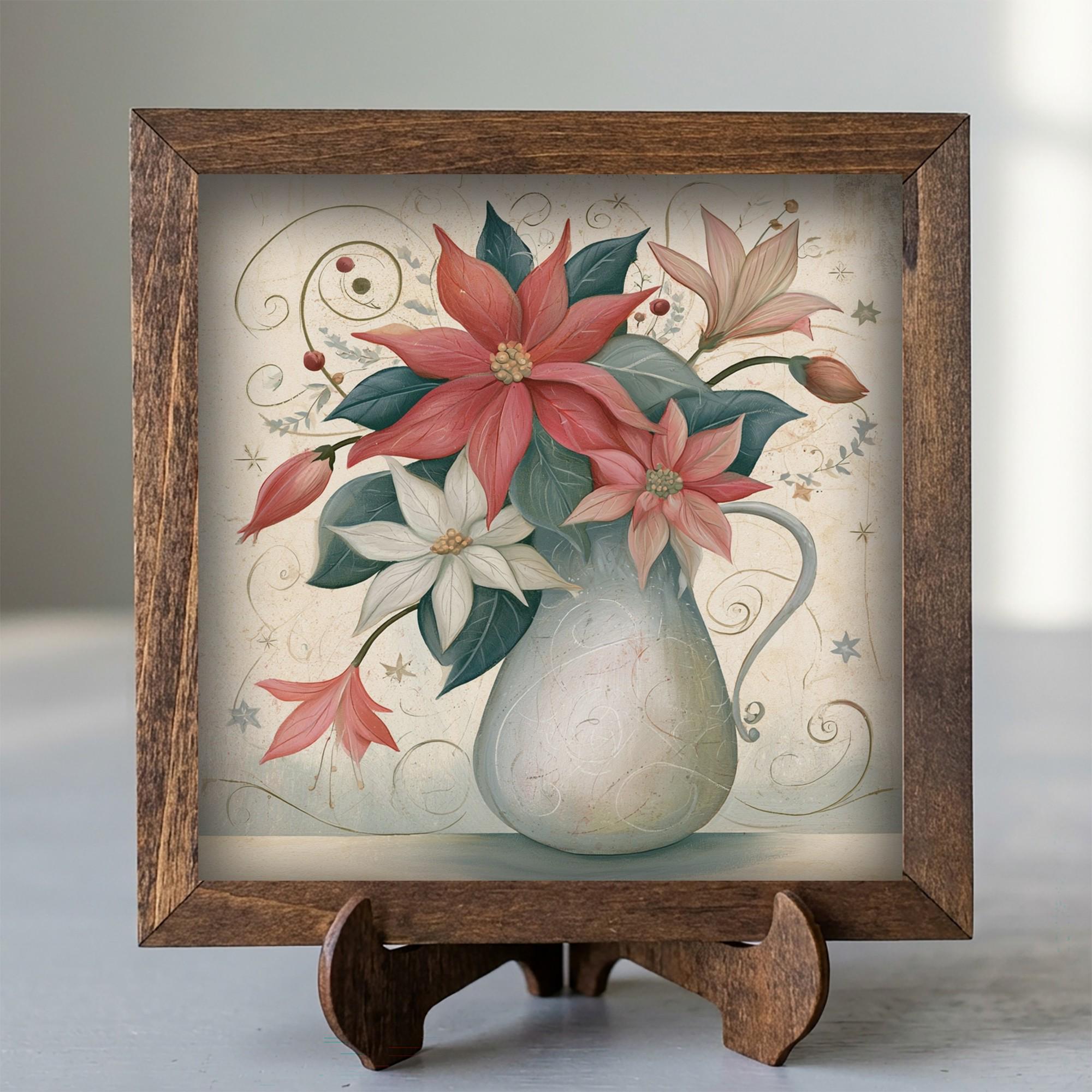 Framed Poinsettia Art Print | Vintage Christmas Farmhouse Decor