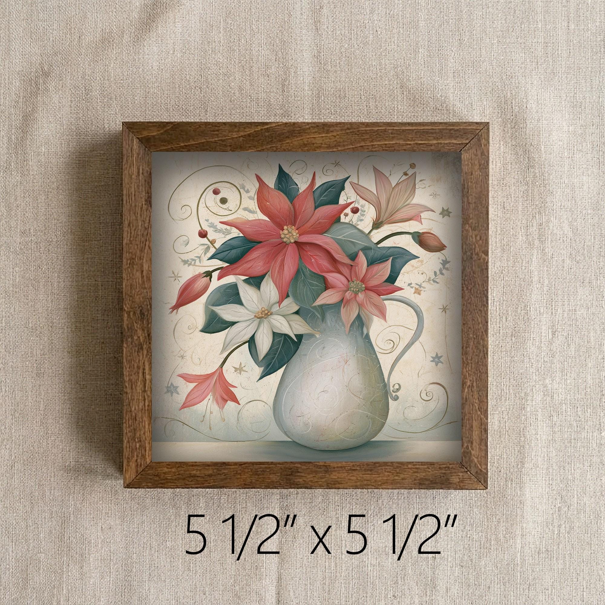 Framed Poinsettia Art Print | Vintage Christmas Farmhouse Decor