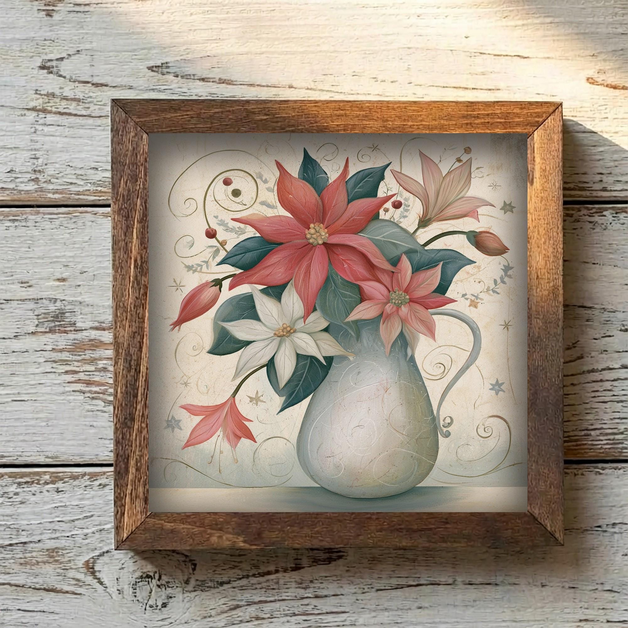 Framed Poinsettia Art Print | Vintage Christmas Farmhouse Decor