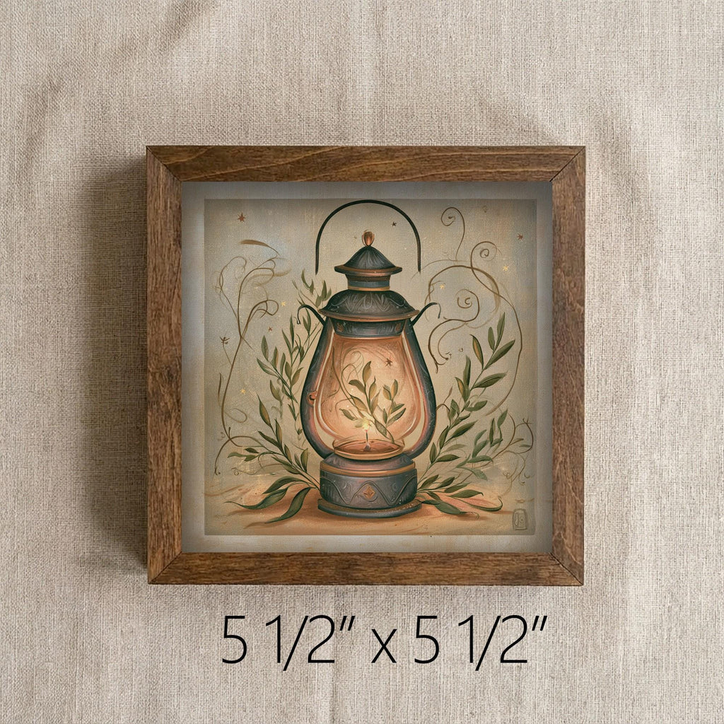 Framed Vintage Lantern Art Print | Rustic Christmas Shelf Decor