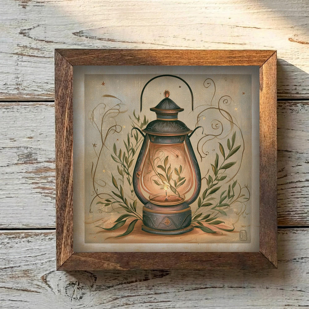 Framed Vintage Lantern Art Print | Rustic Christmas Shelf Decor