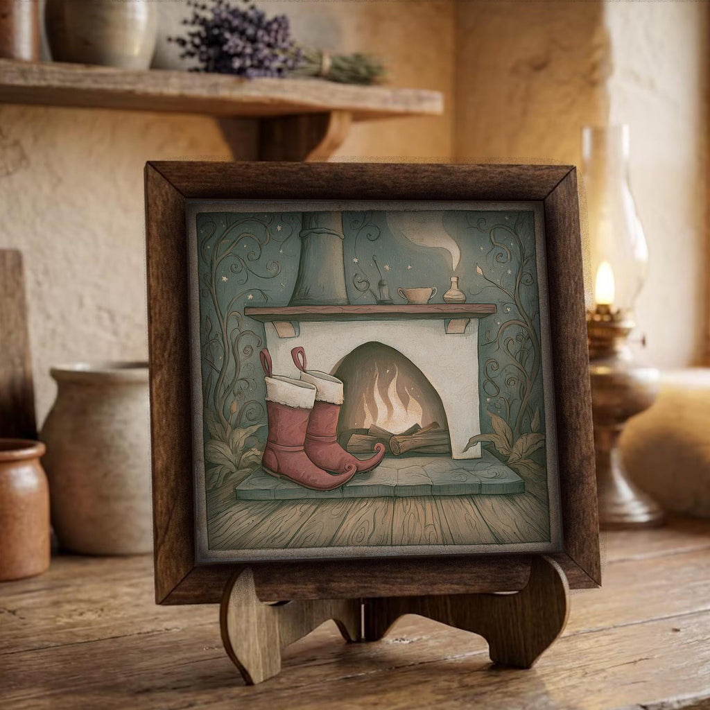 Framed Christmas Fireplace Art Print | Vintage Holiday Shelf Decor
