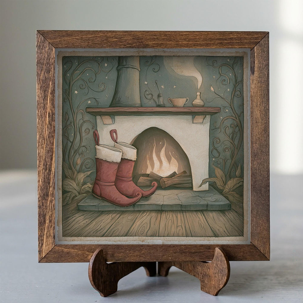 Framed Christmas Fireplace Art Print | Vintage Holiday Shelf Decor