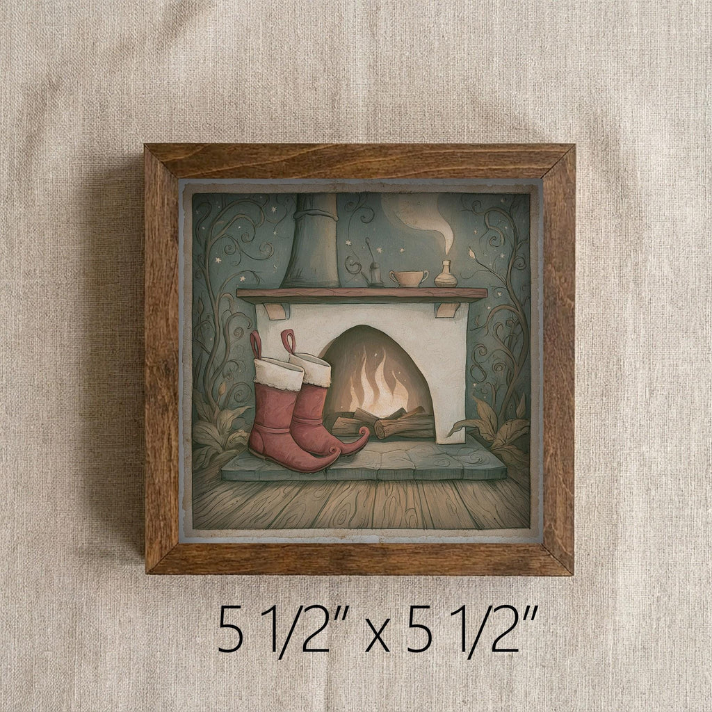 Framed Christmas Fireplace Art Print | Vintage Holiday Shelf Decor