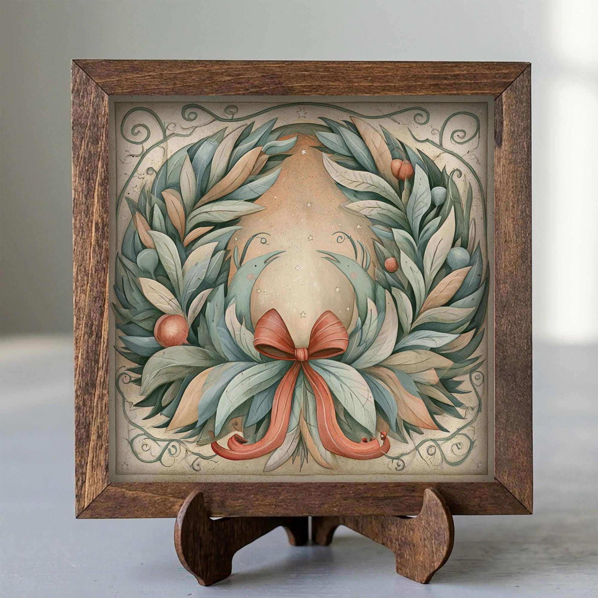 Framed Christmas Wreath Art Print | Vintage Farmhouse Holiday Decor