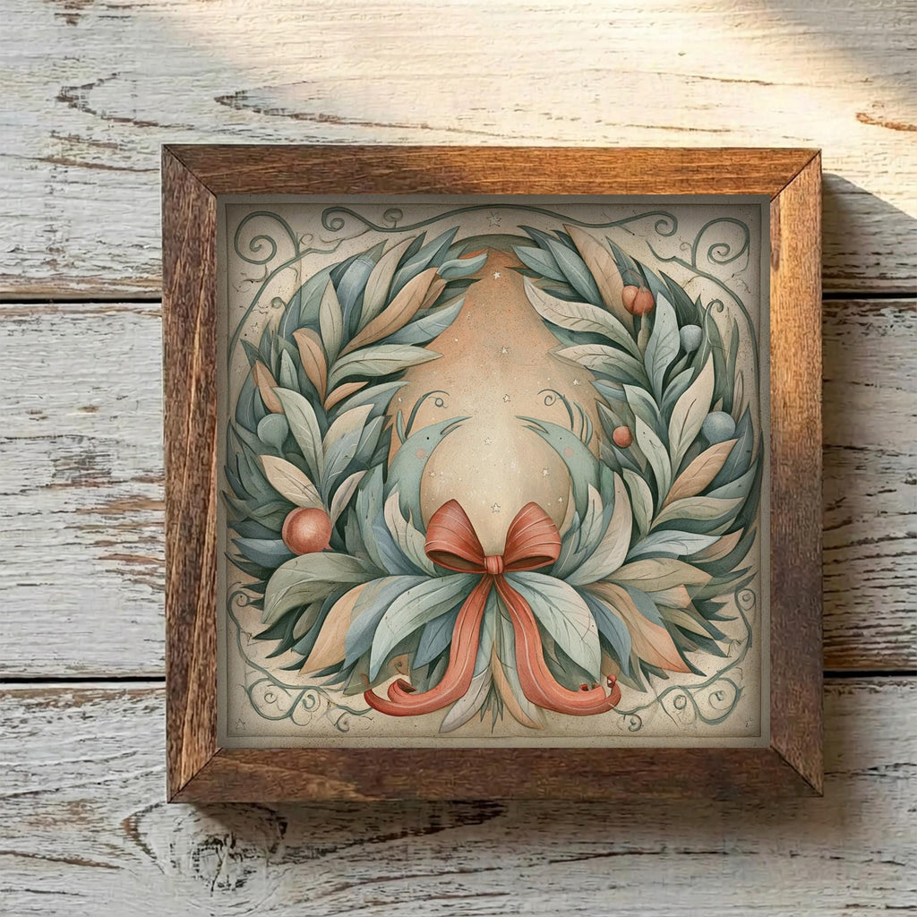 Framed Christmas Wreath Art Print | Vintage Farmhouse Holiday Decor