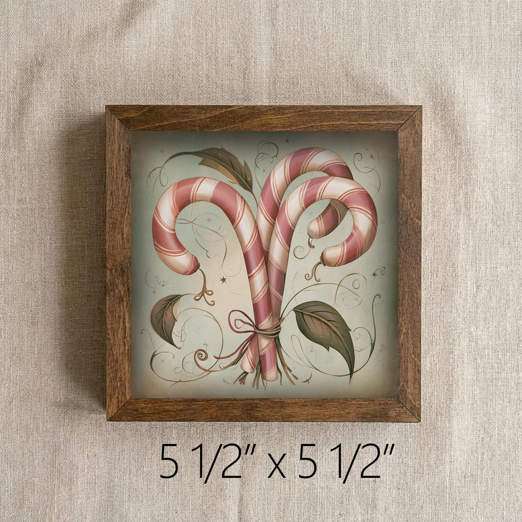 Framed Candy Cane Art Print | Vintage Christmas Shelf Decor