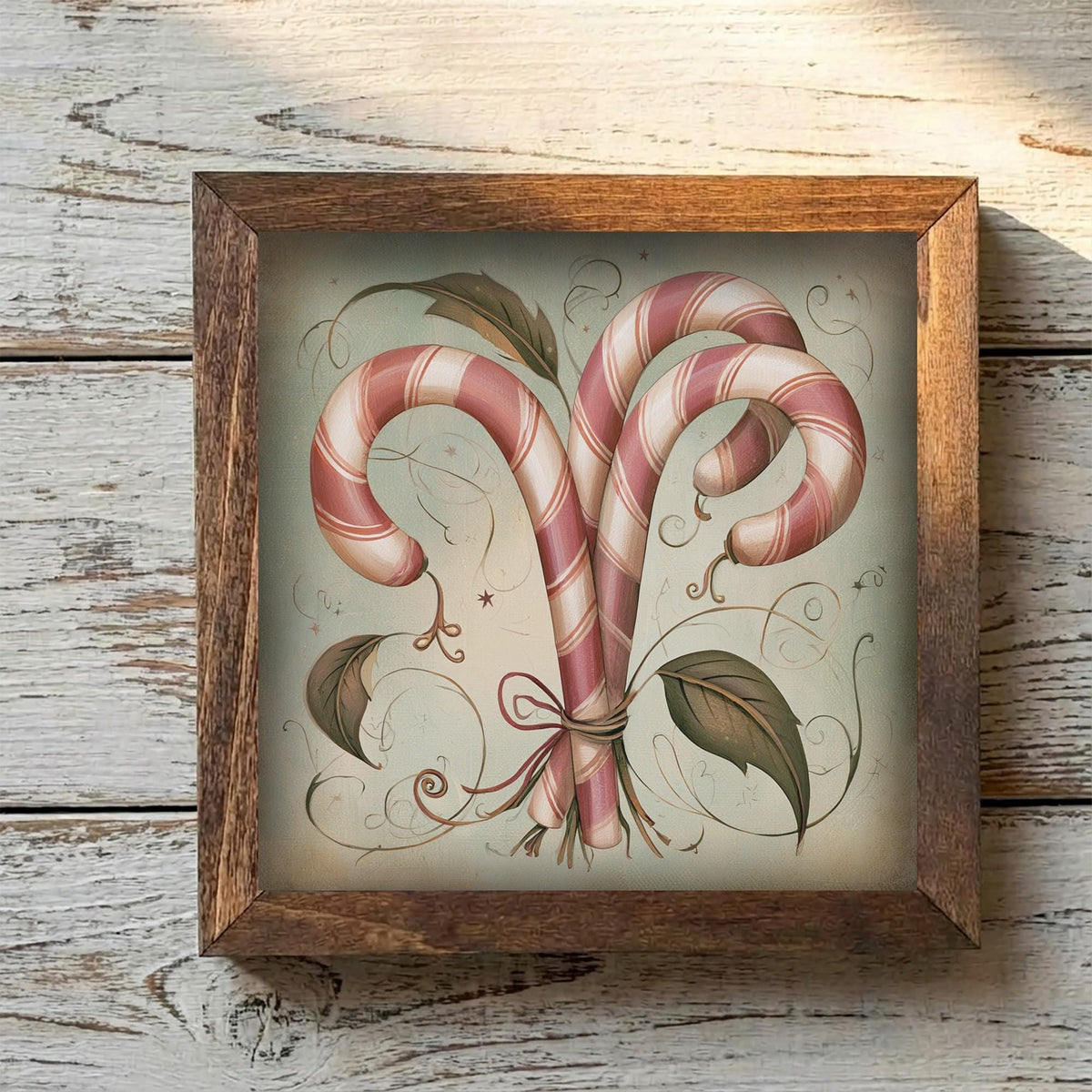 Framed Candy Cane Art Print | Vintage Christmas Shelf Decor