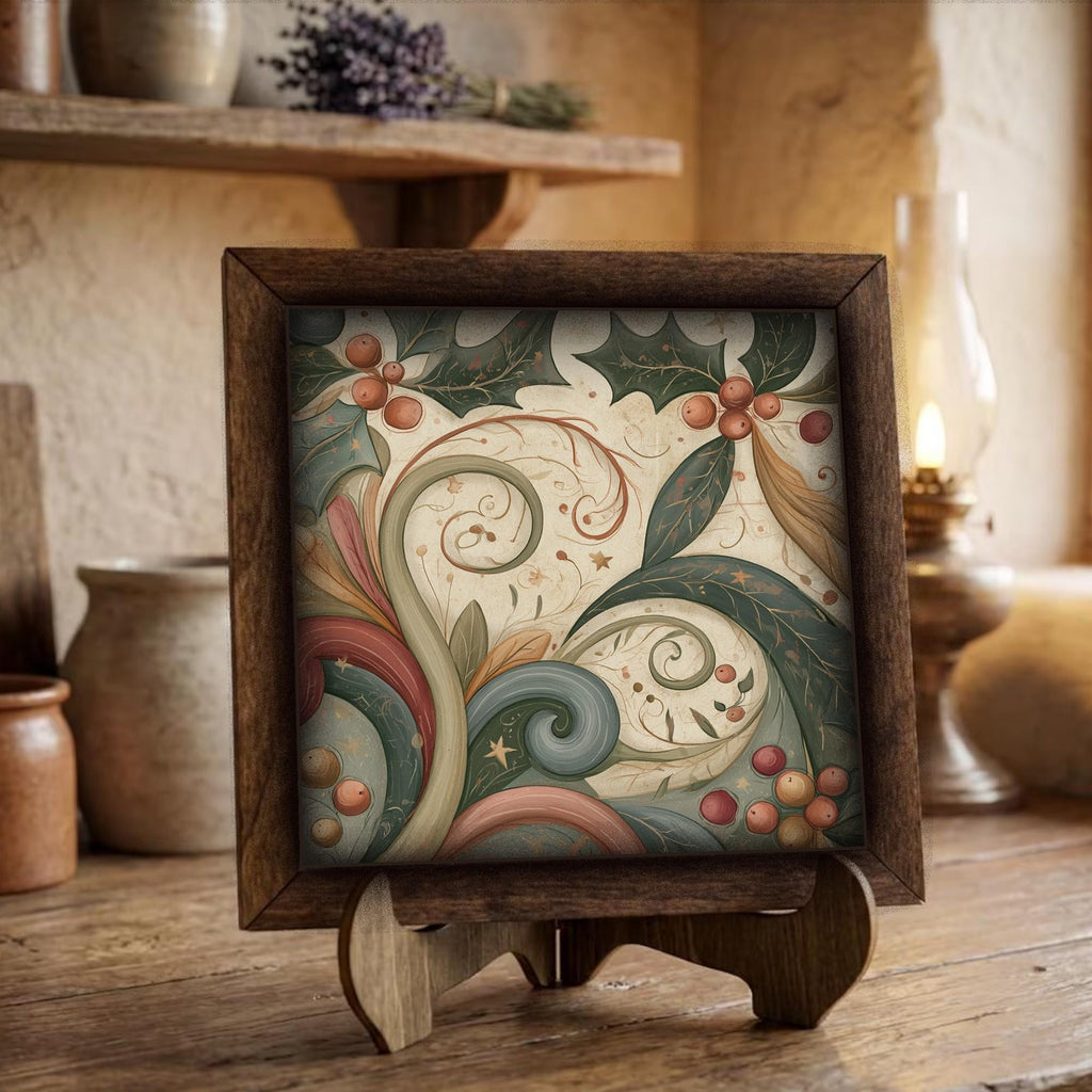 Framed Holly and Berries Art Print | Vintage Christmas Shelf Decor