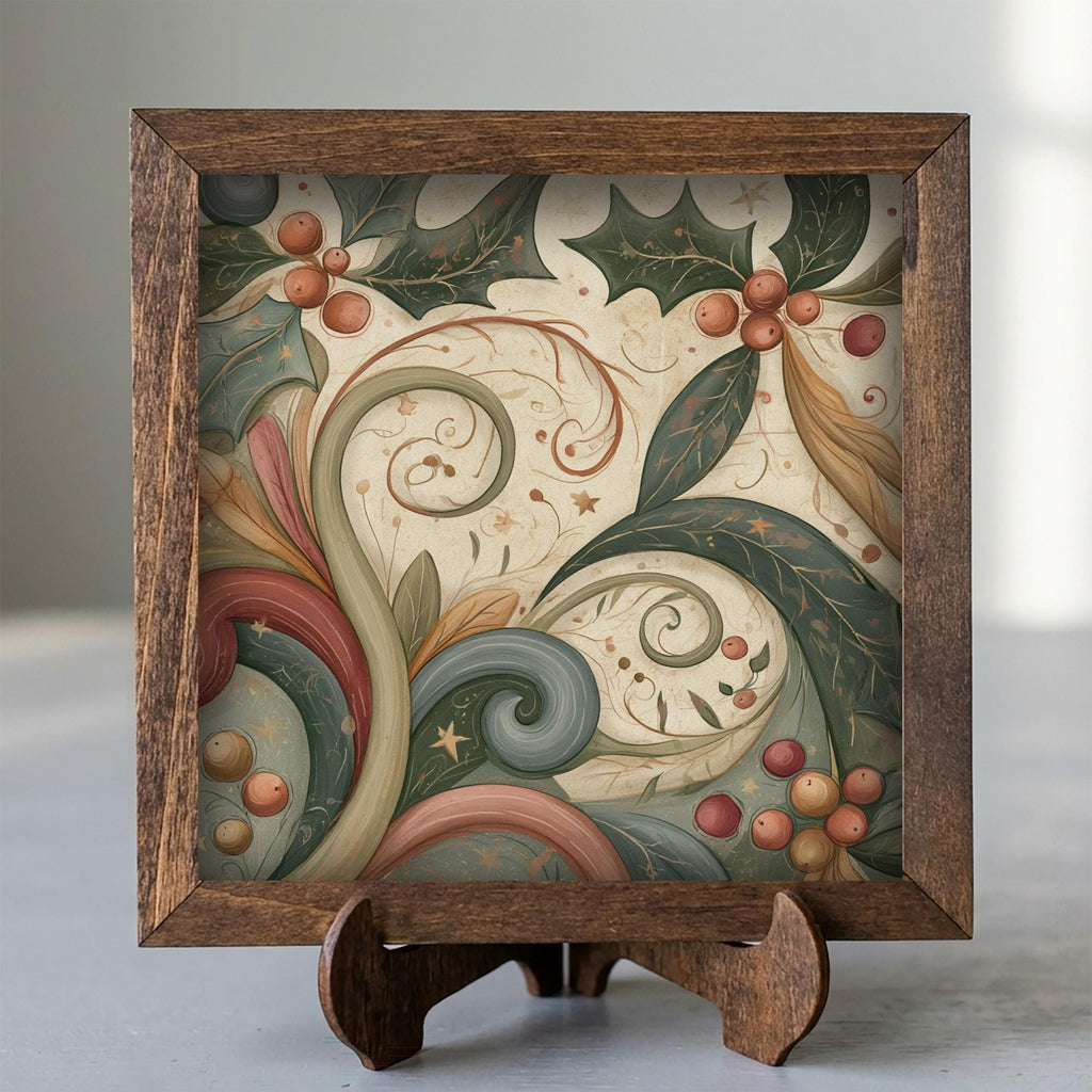 Framed Holly and Berries Art Print | Vintage Christmas Shelf Decor