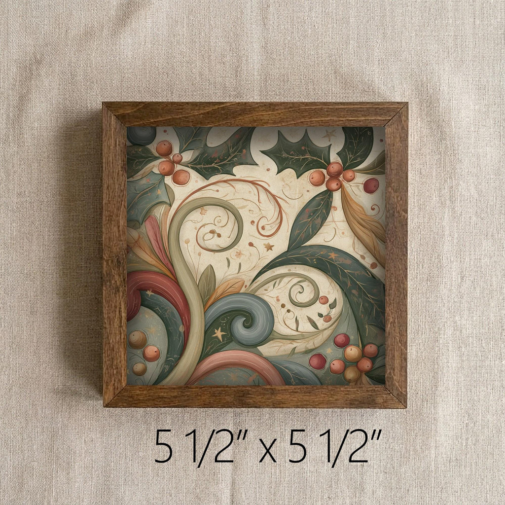 Framed Holly and Berries Art Print | Vintage Christmas Shelf Decor