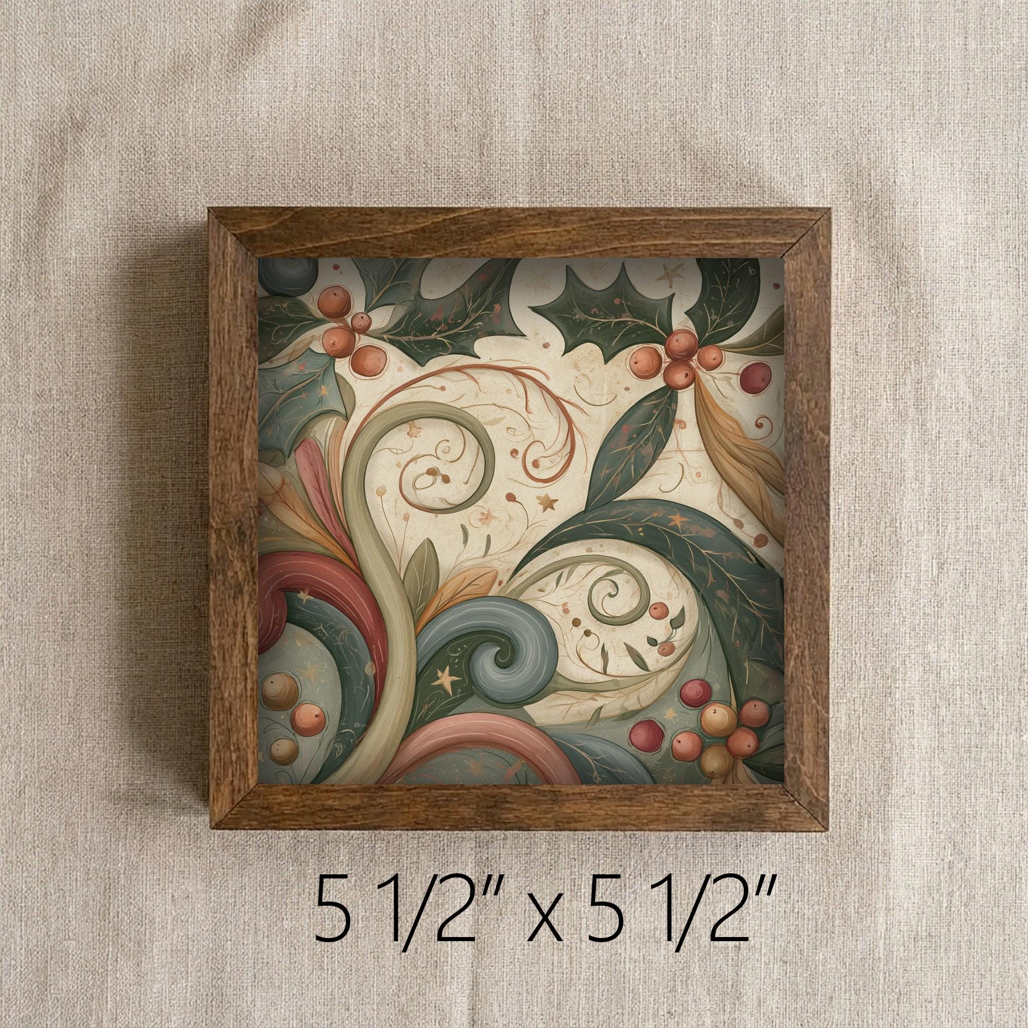 Framed Holly and Berries Art Print | Vintage Christmas Shelf Decor