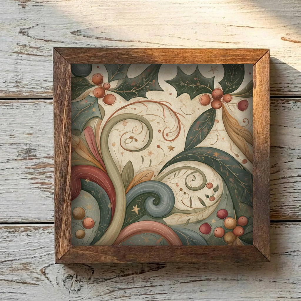Framed Holly and Berries Art Print | Vintage Christmas Shelf Decor