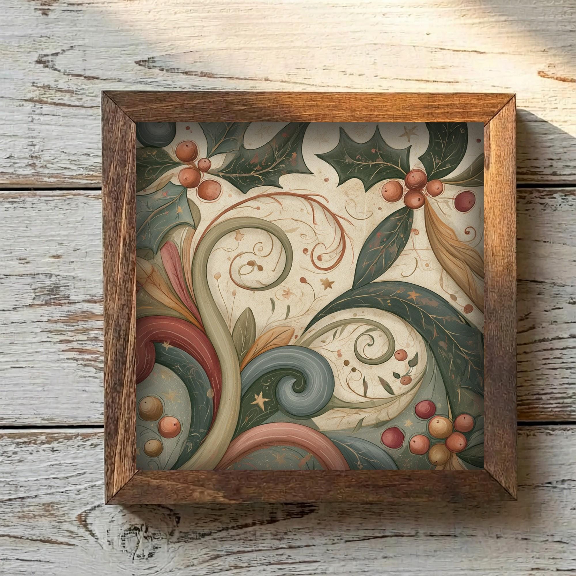 Framed Holly and Berries Art Print | Vintage Christmas Shelf Decor