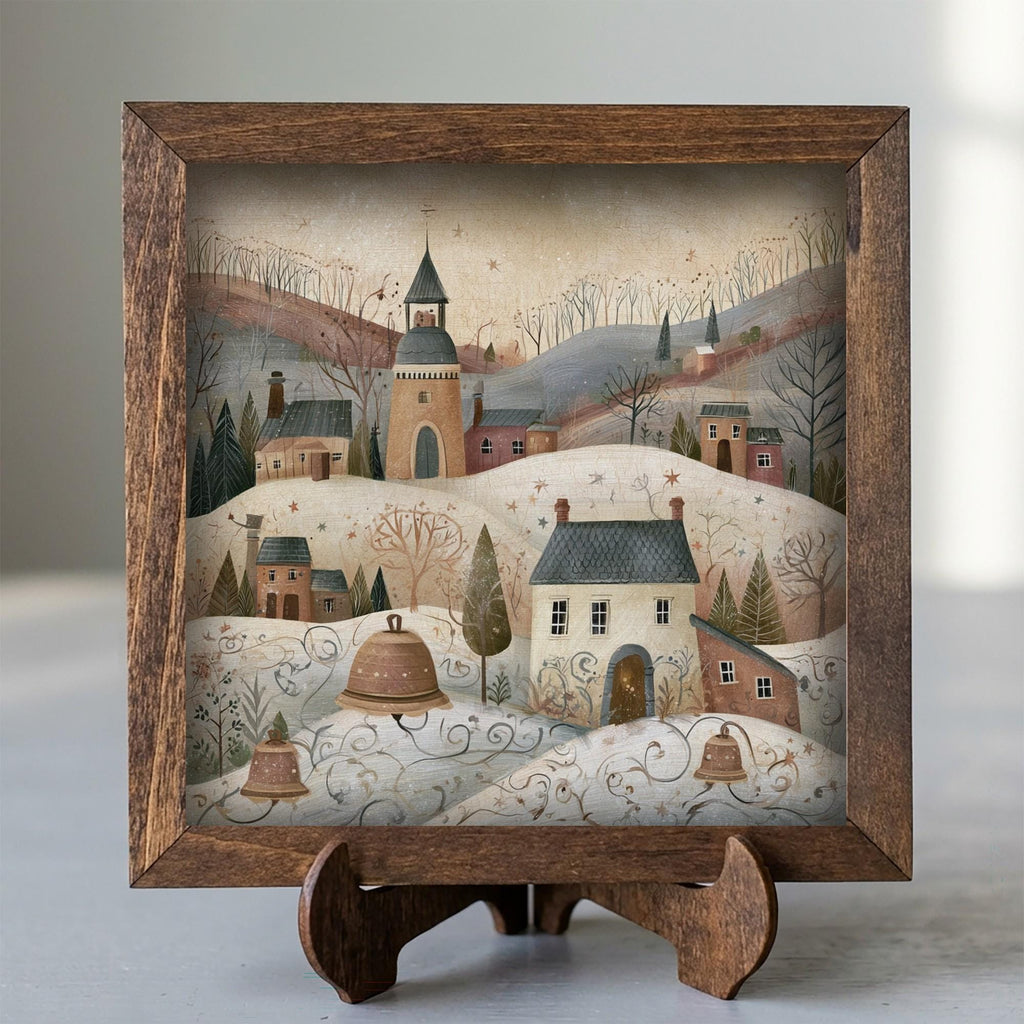 Framed Winter Village Art Print | Rustic Christmas Farmhouse Decor