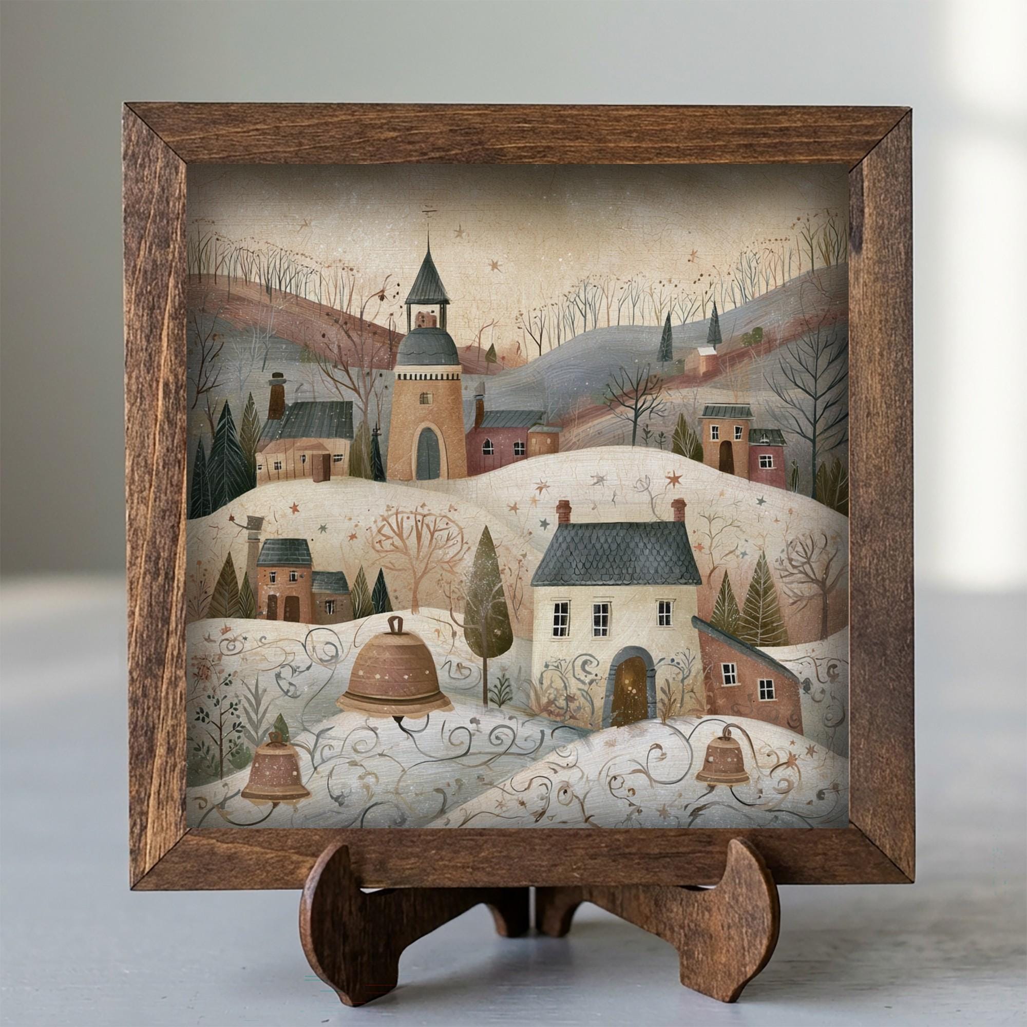 Framed Winter Village Art Print | Rustic Christmas Farmhouse Decor