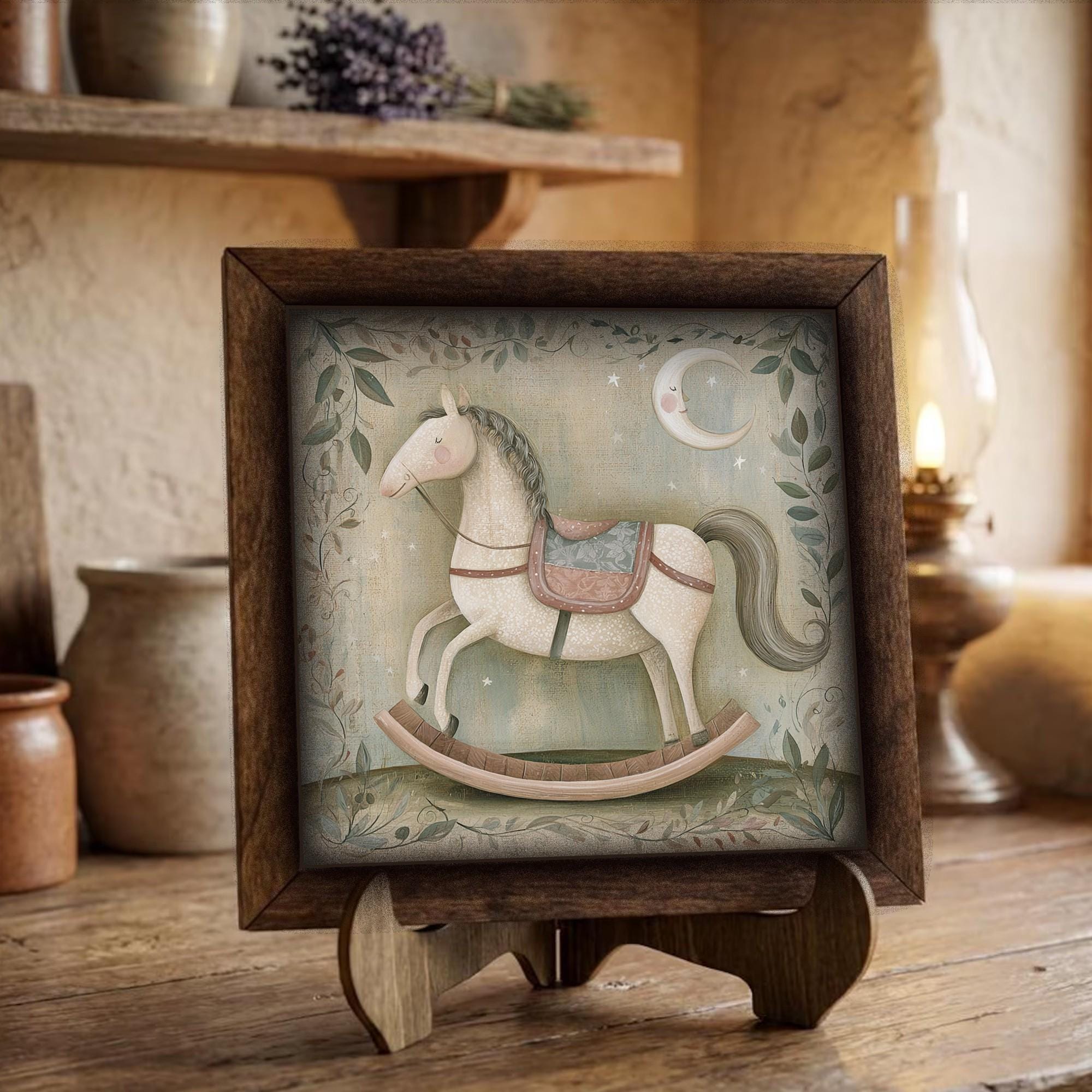 Framed Rocking Horse Art Print | Vintage Christmas Nursery Decor