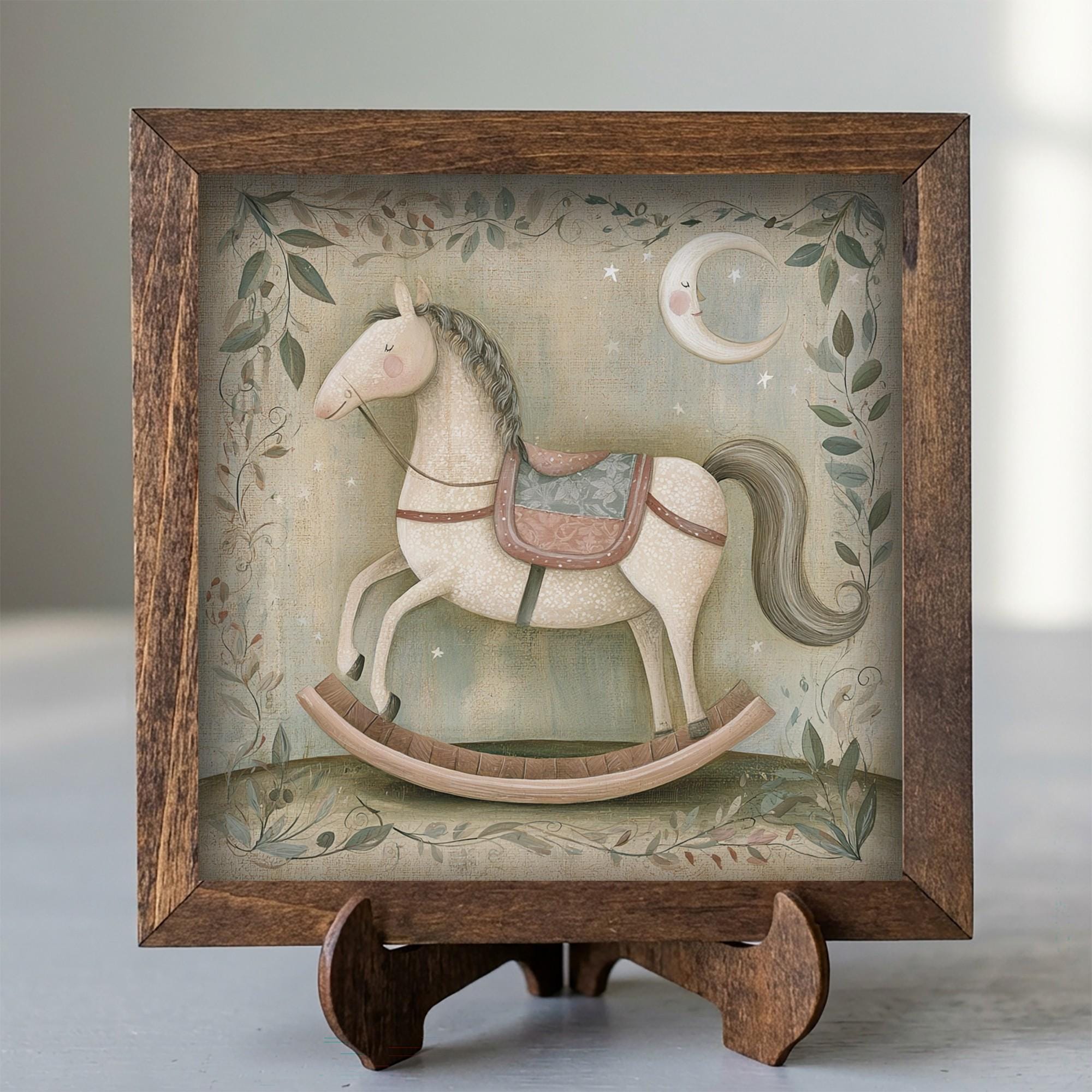 Framed Rocking Horse Art Print | Vintage Christmas Nursery Decor
