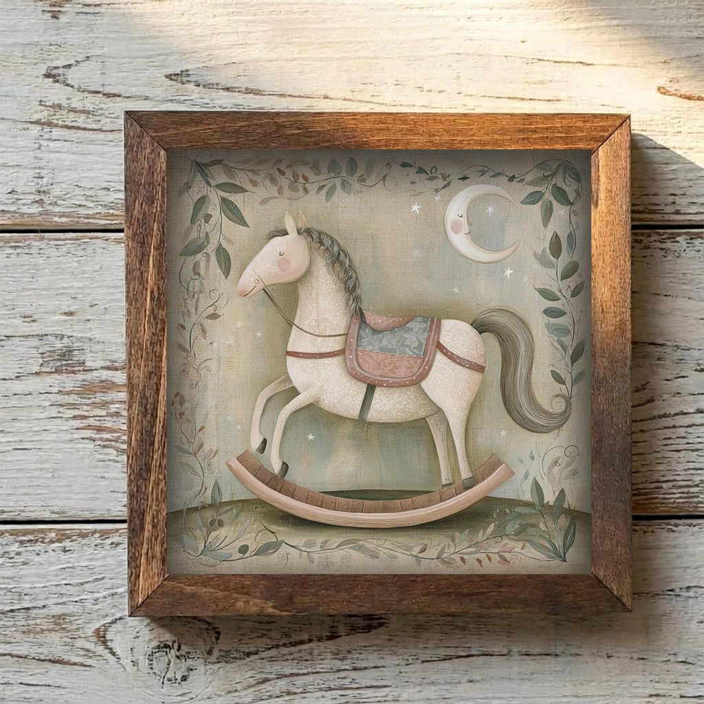 Framed Rocking Horse Art Print | Vintage Christmas Nursery Decor