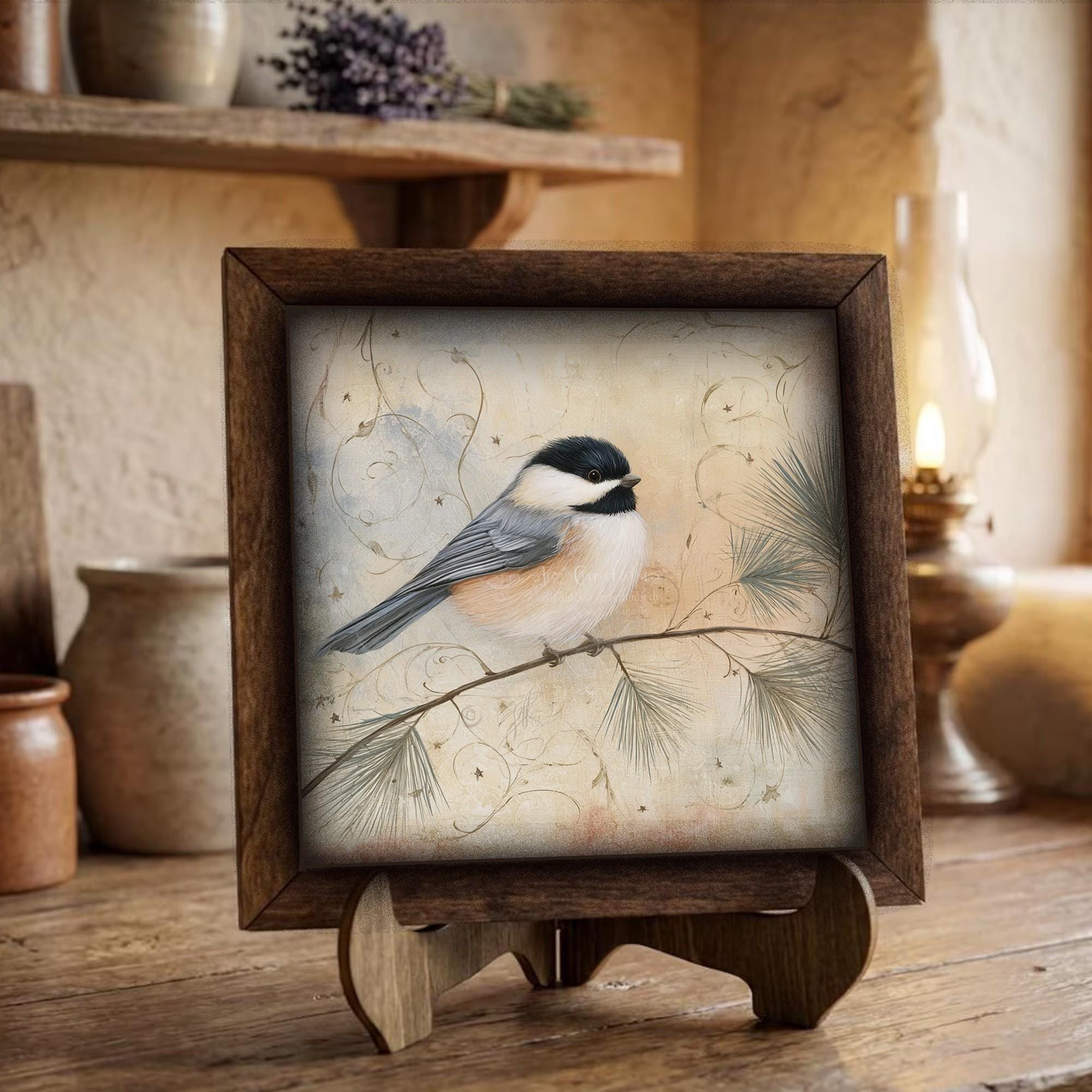 Framed Chickadee Art Print | Vintage Christmas Farmhouse Decor