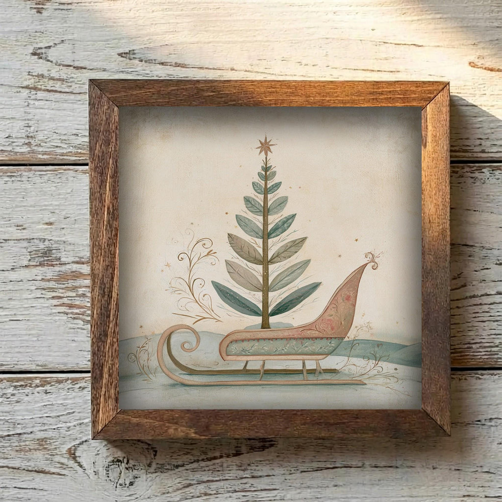 Framed Christmas Sleigh Art Print | Vintage Farmhouse Holiday Decor