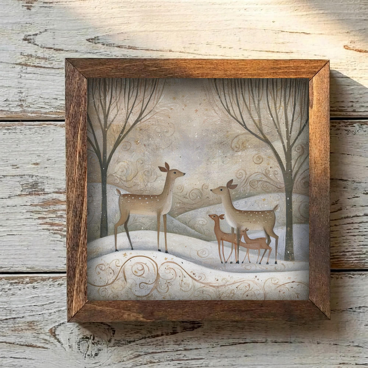 Framed Deer Family Art Print | Rustic Winter Farmhouse Decor