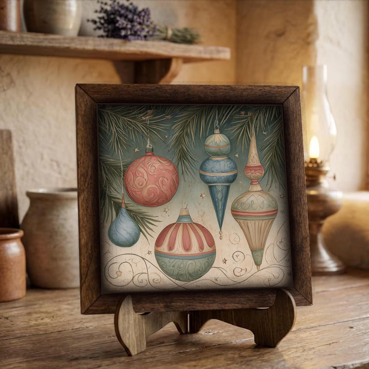 Framed Vintage Ornaments Art Print | Rustic Christmas Shelf Decor