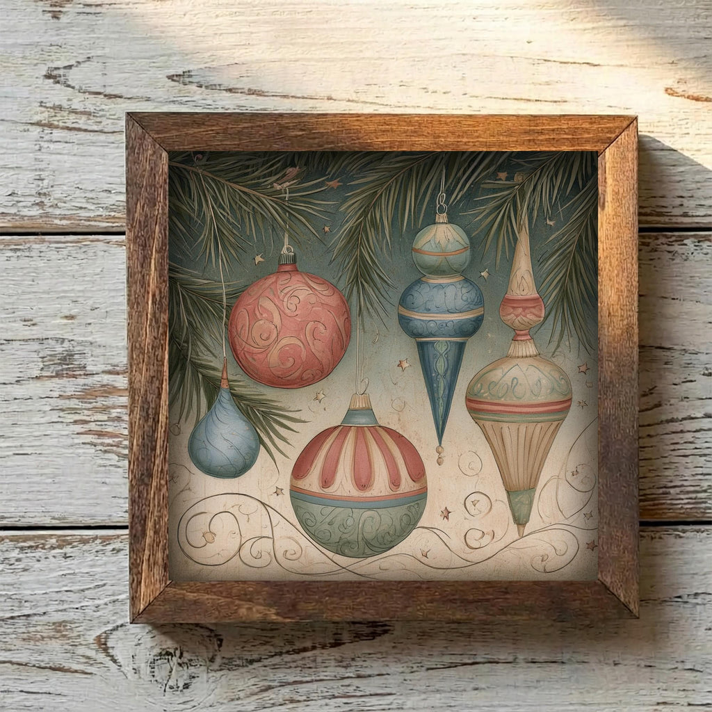 Framed Vintage Ornaments Art Print | Rustic Christmas Shelf Decor