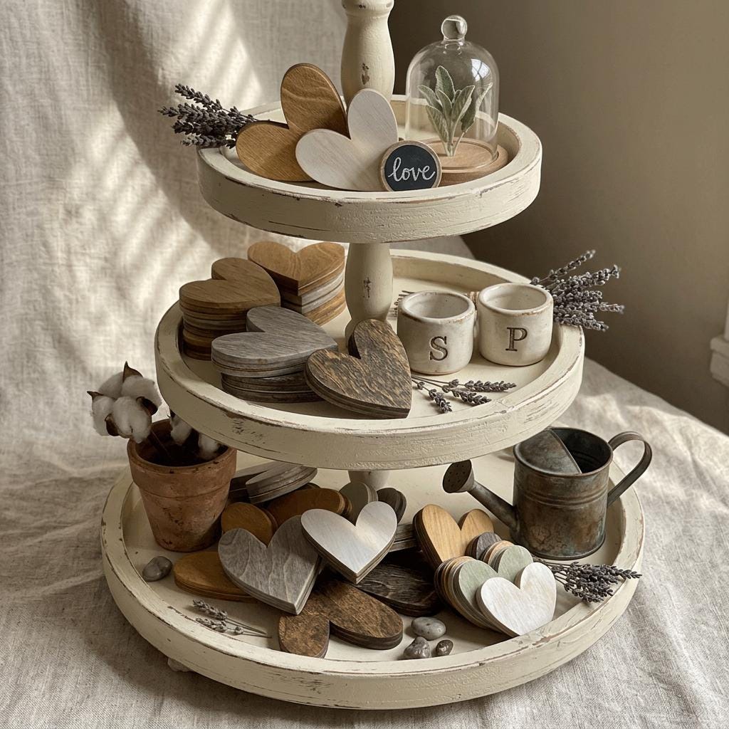 Wood Heart Decor Set | Rustic Farmhouse Decor | Tiered Tray Heart Accents | Handmade Wooden Gift Idea - Set of 10 - TheGrumpyRooster