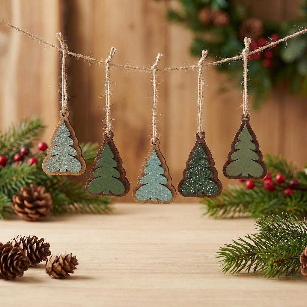 Reversible Wooden Green Christmas Tree Ornament Set of 6 | Rustic Farmhouse Christmas Decor | Mini Tree Ornaments | Handmade Holiday Gift - TheGrumpyRooster