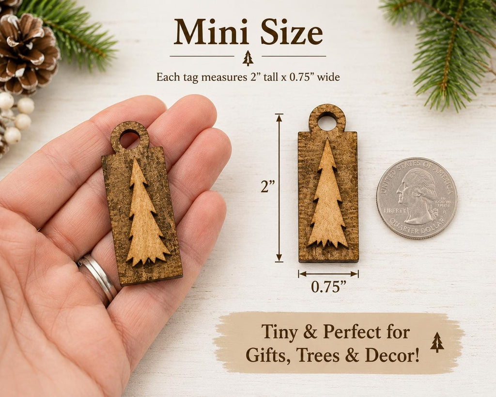 Mini Wooden Tree Tags Set of 6 | Rustic Christmas Gift Tags | Farmhouse Wooden Tree Ornaments | Laser Cut Wood Holiday Decor - TheGrumpyRooster