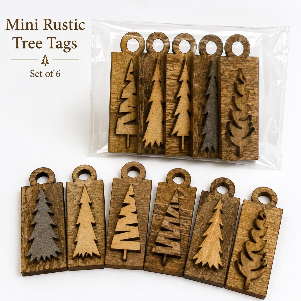Mini Wooden Tree Tags Set of 6 | Rustic Christmas Gift Tags | Farmhouse Wooden Tree Ornaments | Laser Cut Wood Holiday Decor - TheGrumpyRooster