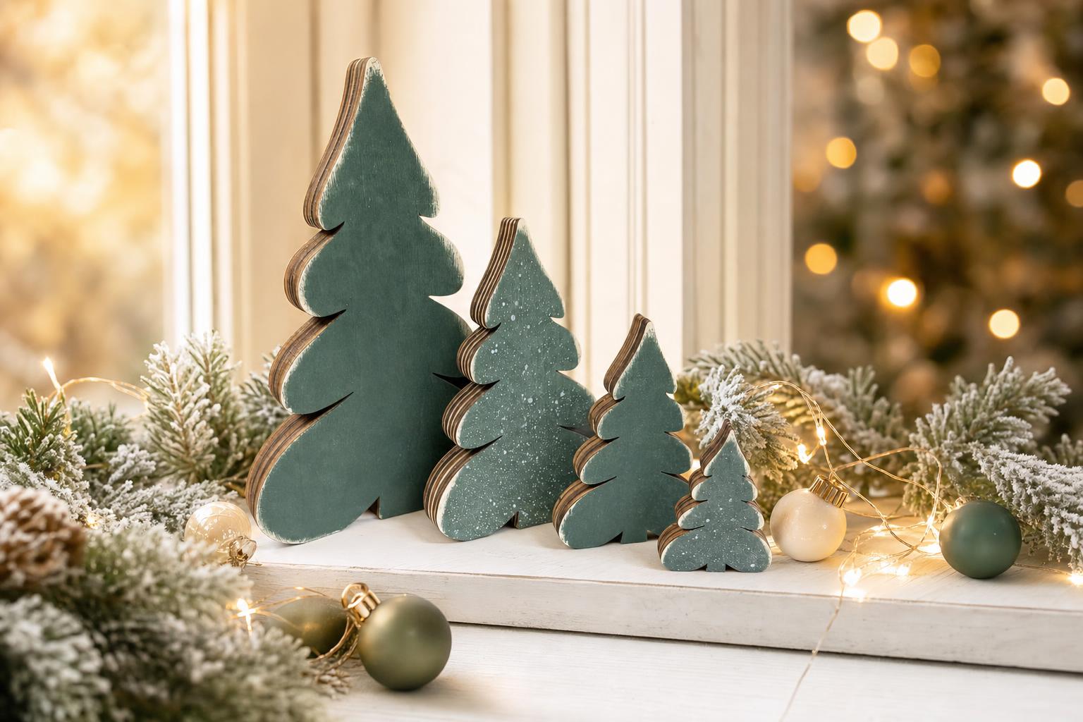 Wooden Christmas Trees Tiered Tray Decor | Set of 4 | Farmhouse Holiday Shelf Sitter | Dark Green | Graduated Sizes | Handmade Wood Decor - TheGrumpyRooster