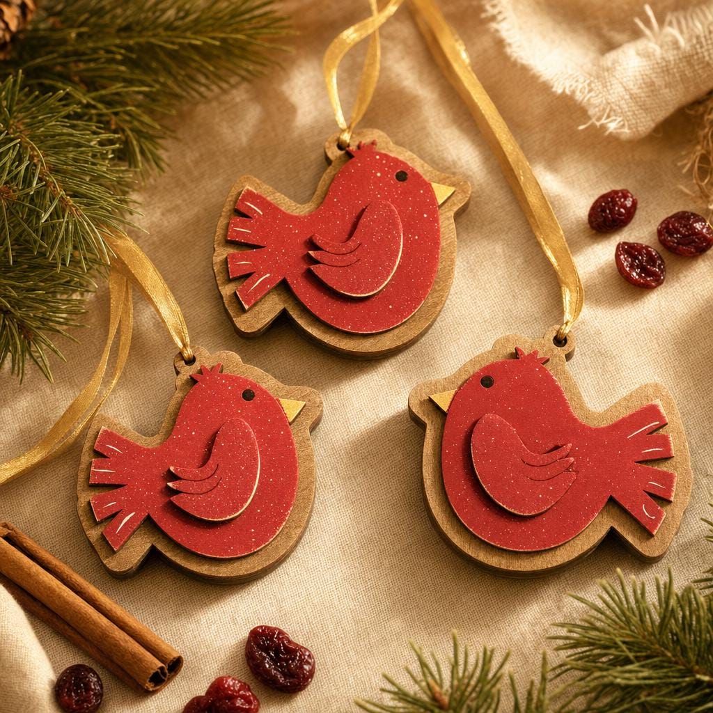 Wooden Cardinal Christmas Ornament | Laser Cut Double Sided Bird Ornament | Handmade | Single Set of 3 10 25 | Bulk - TheGrumpyRooster