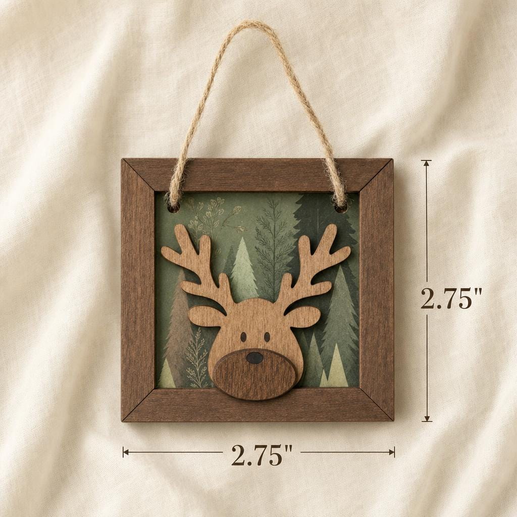 Wooden Reindeer Ornament | Framed Layered Wood Christmas Ornament | Rustic Farmhouse Holiday Decor | Dark Walnut | Handmade Laser Cut - TheGrumpyRooster
