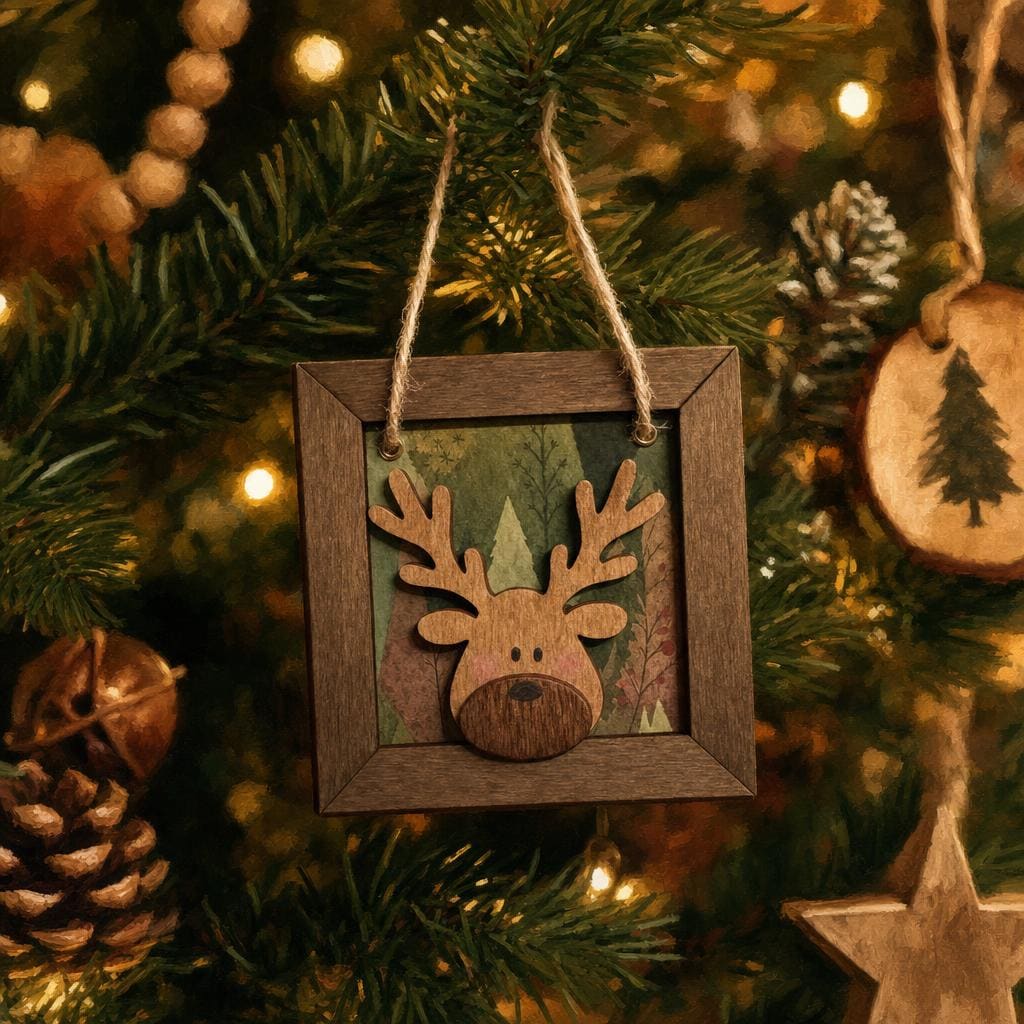 Wooden Reindeer Ornament | Framed Layered Wood Christmas Ornament | Rustic Farmhouse Holiday Decor | Dark Walnut | Handmade Laser Cut - TheGrumpyRooster