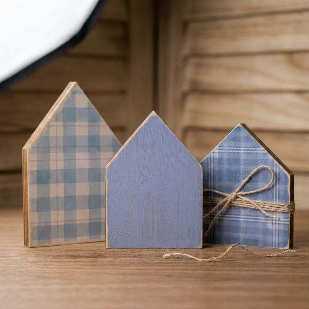 Rustic Wood House Shelf Sitters Set of 3 | Farmhouse House Decor | Blue Cottage Shelf Decor | Tiered Tray Decor | Housewarming Gift - TheGrumpyRooster