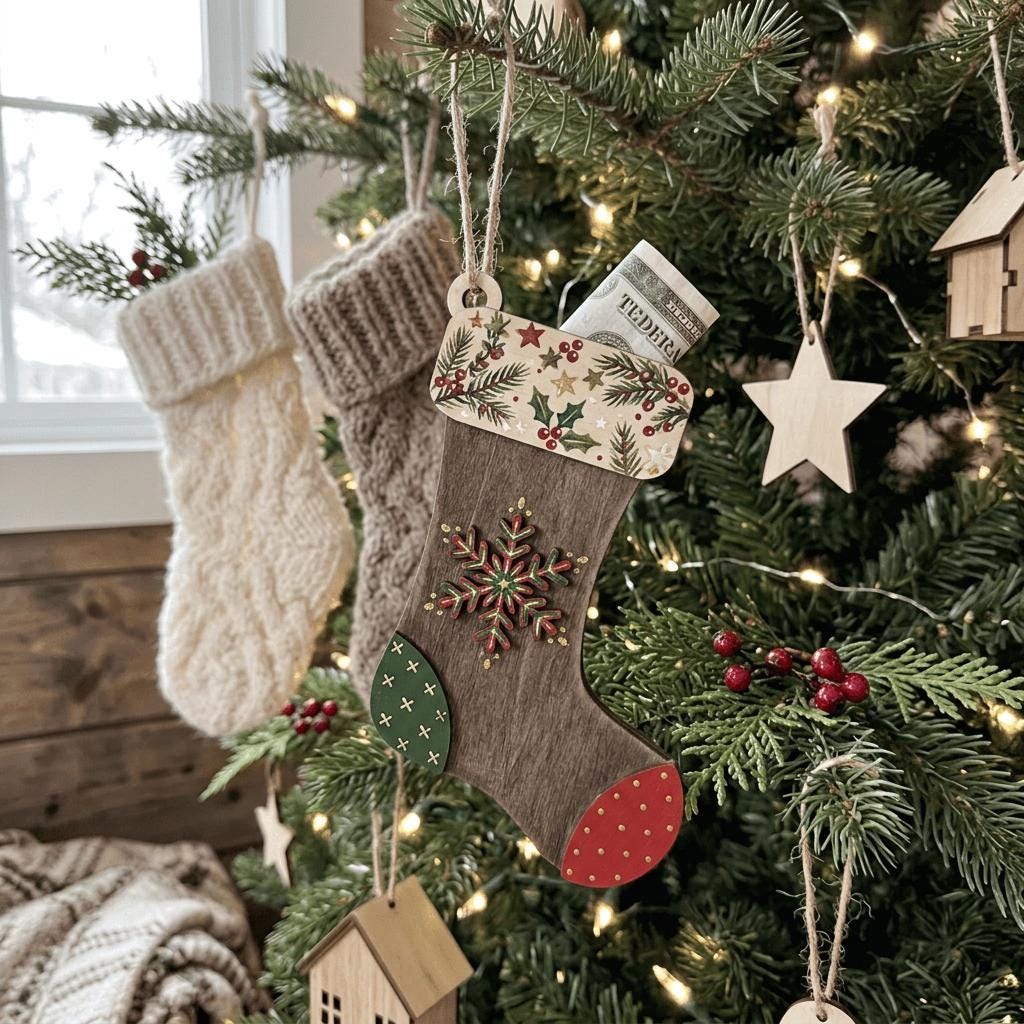 DIY Wooden Stocking Money Holder Ornament Kit | Self-stick | No Glue needed | Partially assembled | Beginner | Class Paint Your Own Ornament - TheGrumpyRooster