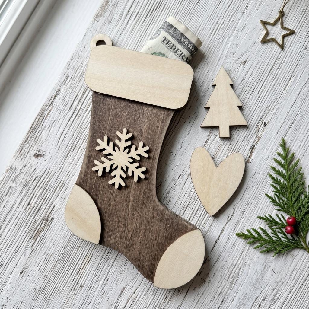 DIY Wooden Stocking Money Holder Ornament Kit | Self-stick | No Glue needed | Partially assembled | Beginner | Class Paint Your Own Ornament - TheGrumpyRooster