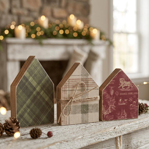 Christmas Wood House Shelf Sitters Set of 3 | Farmhouse Christmas Decor | Rustic Winter Village Houses | Holiday Tiered Tray Decor - TheGrumpyRooster
