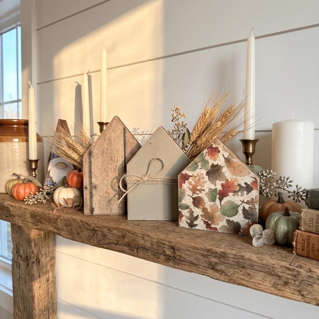 Fall Wooden House Shelf Sitters Set of 3 | Rustic Farmhouse Fall Decor | Autumn Shelf Decor | Thanksgiving Housewarming Gift - TheGrumpyRooster