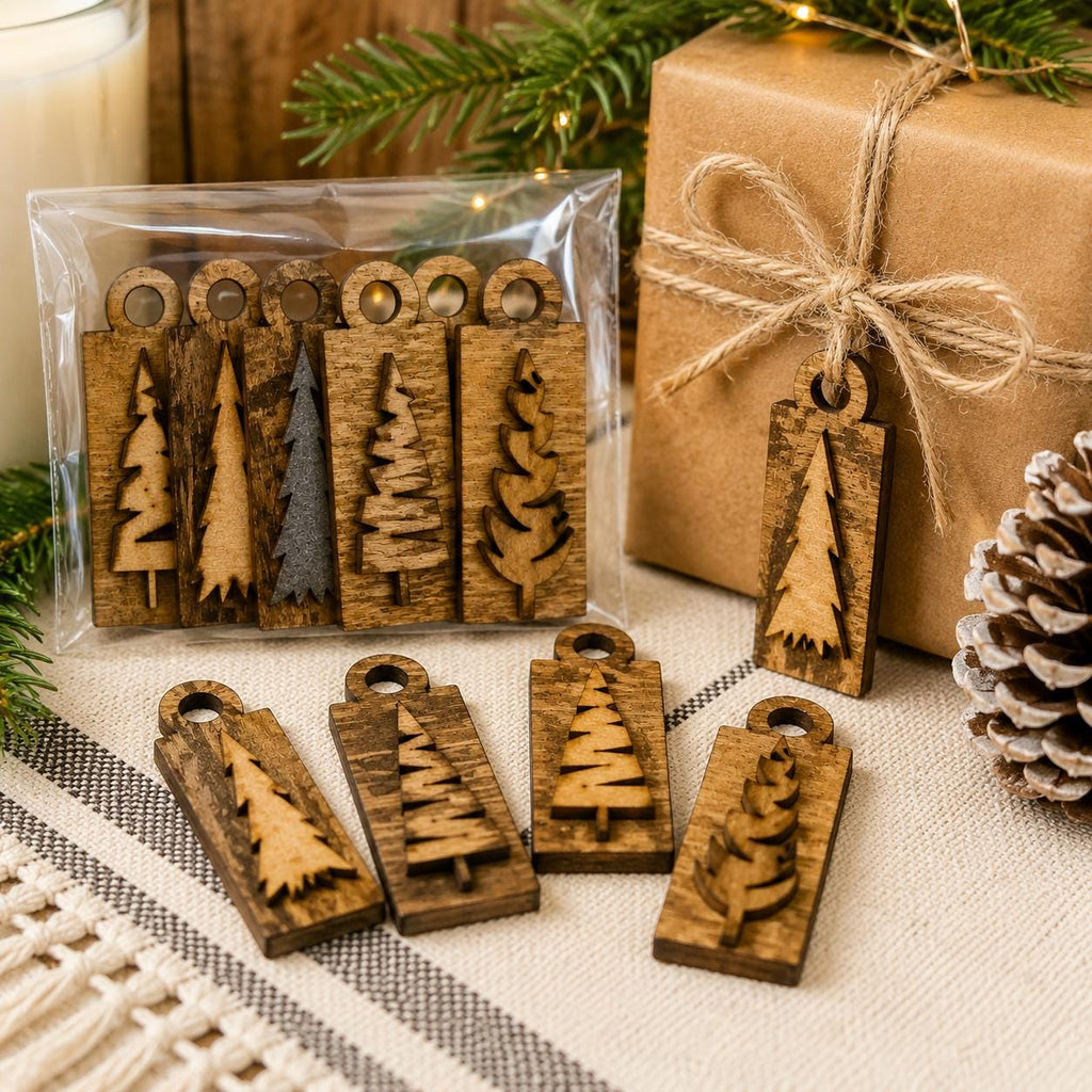 Mini Wooden Tree Tags Set of 6 | Rustic Christmas Gift Tags | Farmhouse Wooden Tree Ornaments | Laser Cut Wood Holiday Decor - TheGrumpyRooster