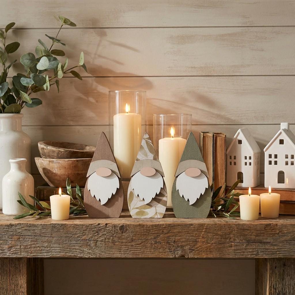Wood Gnome Shelf Sitters | Botanical Farmhouse Decor (Set of 3)