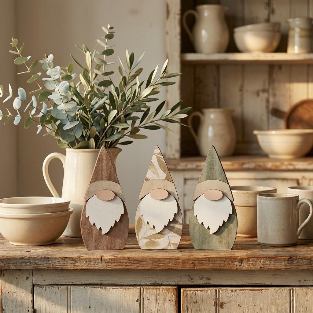 Wood Gnome Shelf Sitters | Botanical Farmhouse Decor (Set of 3)