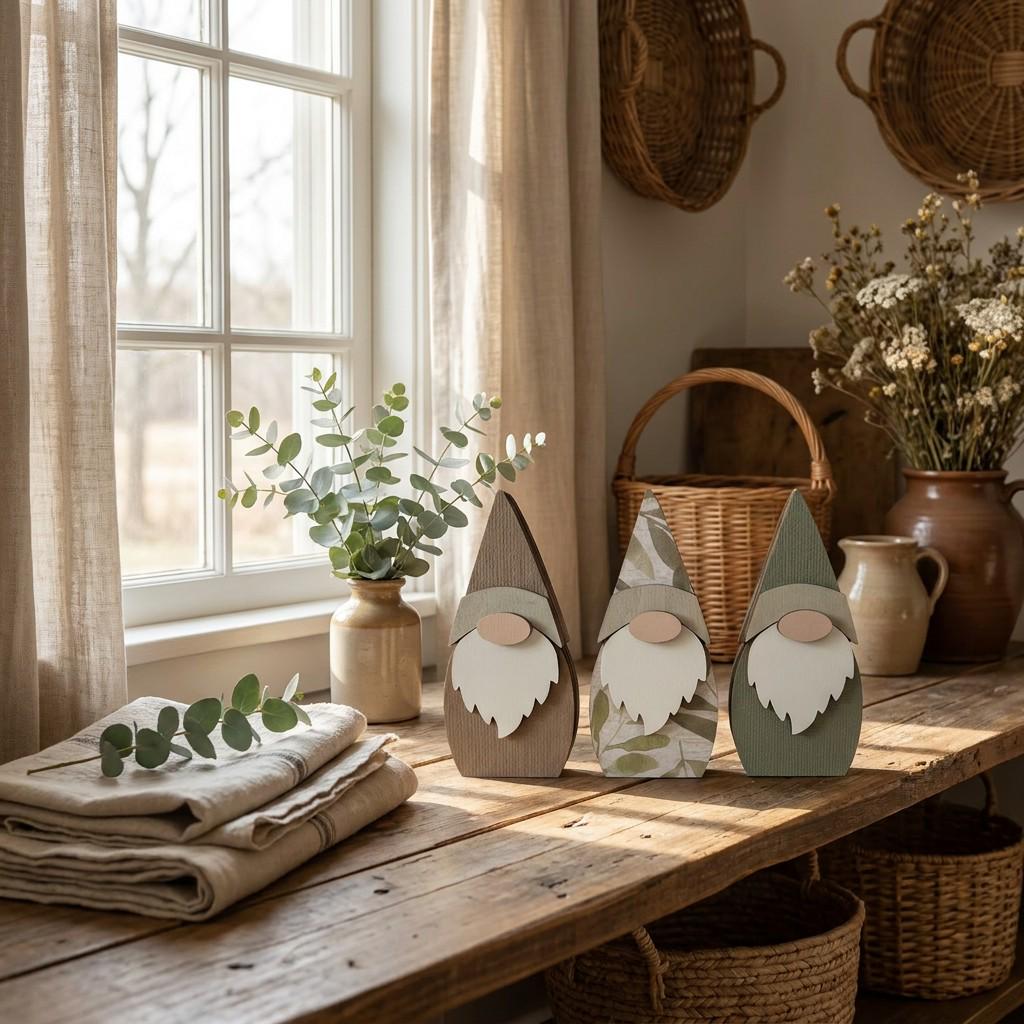 Wood Gnome Shelf Sitters | Botanical Farmhouse Decor (Set of 3)