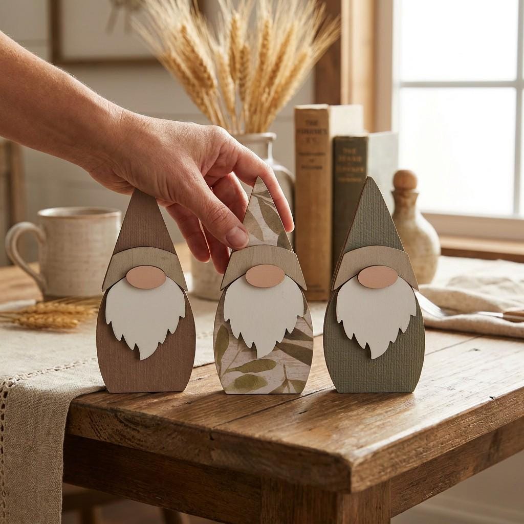 Wood Gnome Shelf Sitters | Botanical Farmhouse Decor (Set of 3)