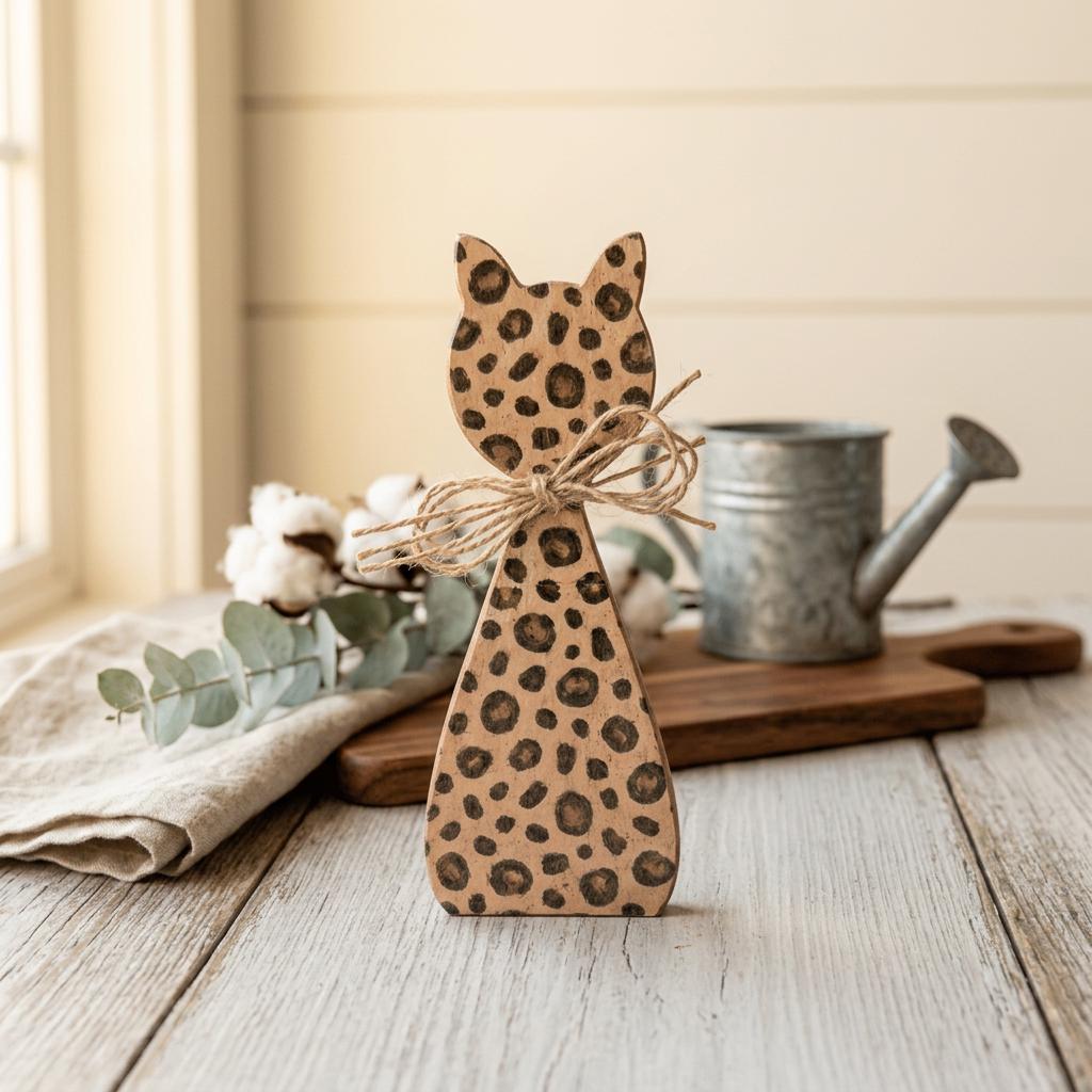 Leopard Print Cat Shelf Sitter | Farmhouse Cat Decor | Rustic Wooden Cat | Tiered Tray Decor | Cat Lover Gift - TheGrumpyRooster