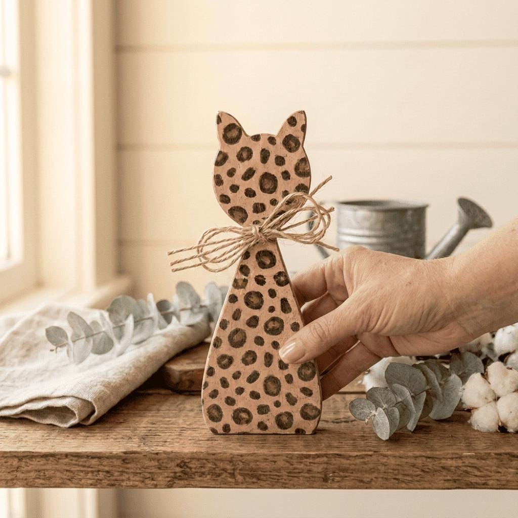 Leopard Print Cat Shelf Sitter | Farmhouse Cat Decor | Rustic Wooden Cat | Tiered Tray Decor | Cat Lover Gift - TheGrumpyRooster