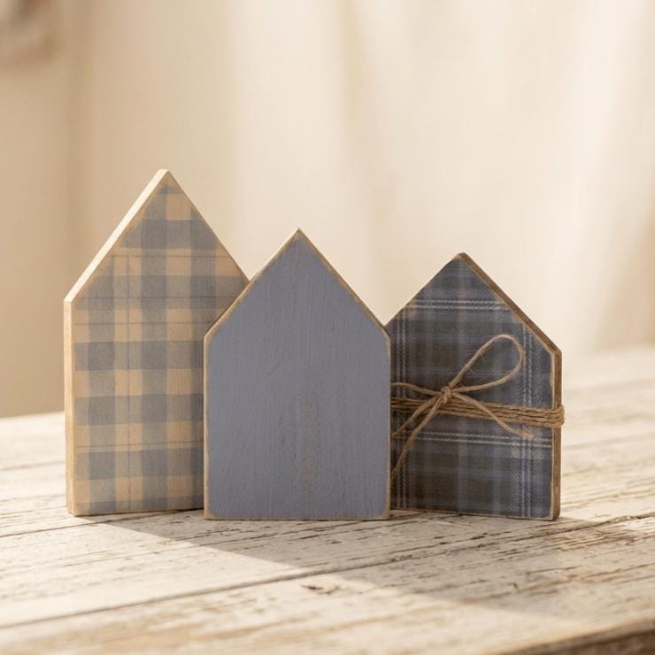 Rustic Wood House Shelf Sitters Set of 3 | Farmhouse House Decor | Blue Cottage Shelf Decor | Tiered Tray Decor | Housewarming Gift - TheGrumpyRooster